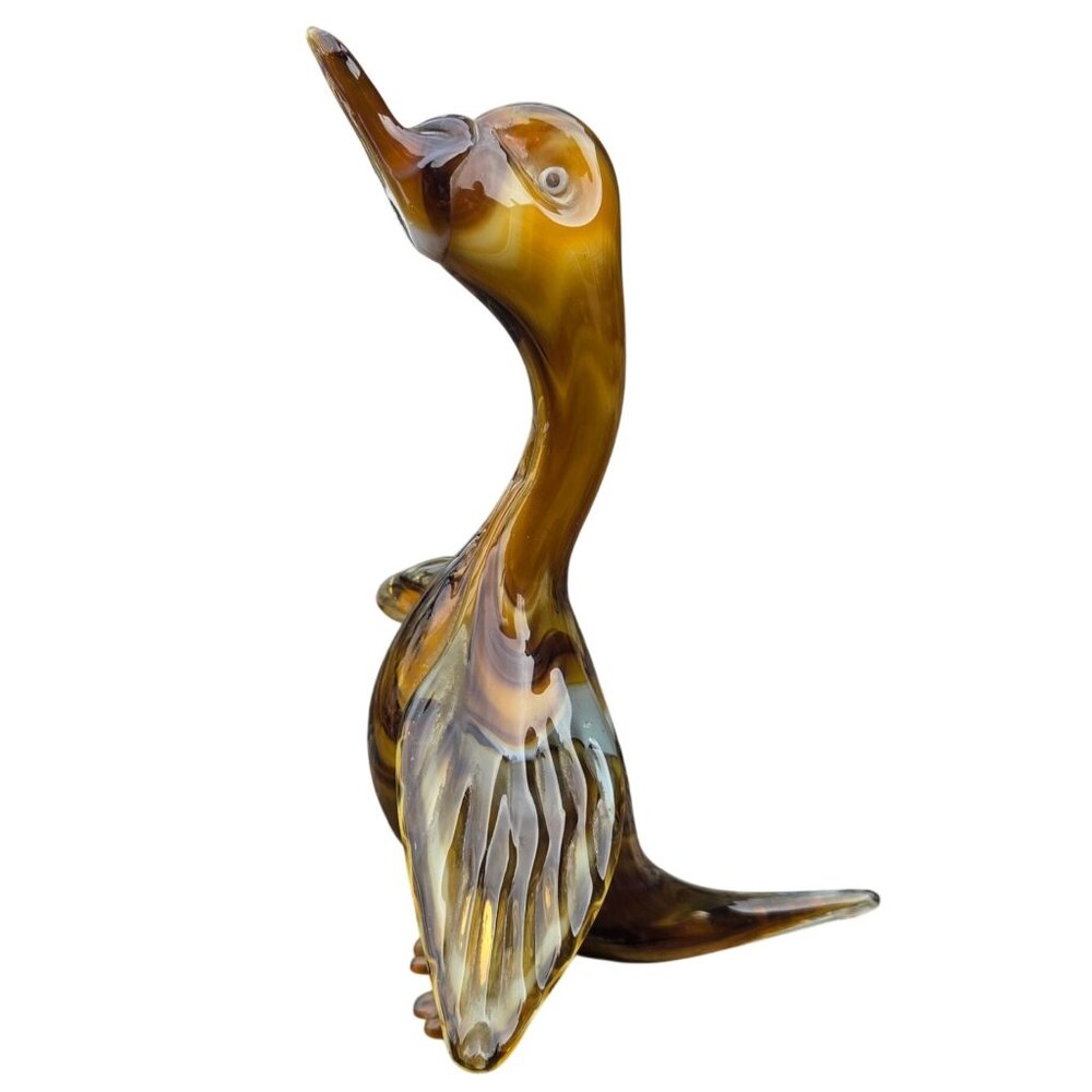 Handblown Amber Glass Duck Sculpture Swirled Design Vintage Bird Statue 8 Inch